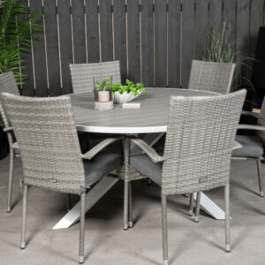 Parma, Anna – Ensemble repas – Gris – Table : ⌀140 Chaise : 62 x 96 x 55 cm