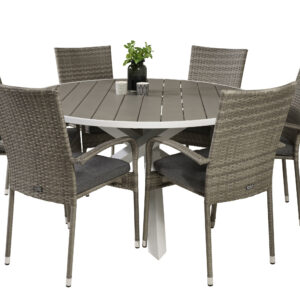 Parma, Anna – Ensemble repas – Gris – Table : ⌀140 Chaise : 62 x 96 x 55 cm