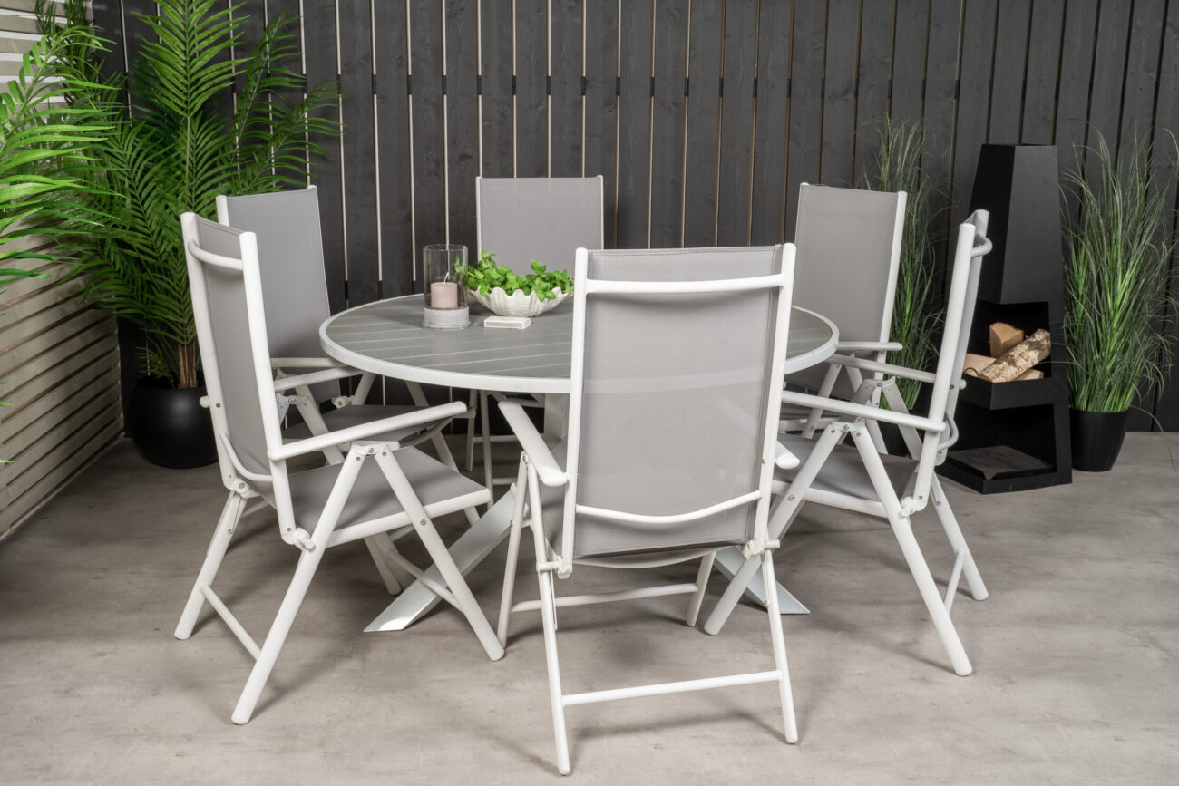 Parma, Break – Ensemble repas – Gris – Table : ⌀140 Chaise : 62 x 107,5 x 55 cm