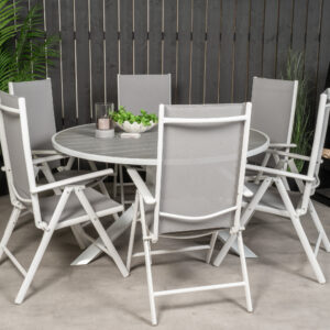 Parma, Break – Ensemble repas – Gris – Table : ⌀140 Chaise : 62 x 107,5 x 55 cm