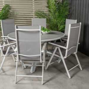 Parma, Break – Ensemble repas – Gris – Table : ⌀140 Chaise : 62 x 107,5 x 55 cm