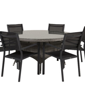 Volta, Copacabana – Ensemble repas – Gris – Table : ⌀150 Chaise : 60,5 x 88 x 56,5 cm