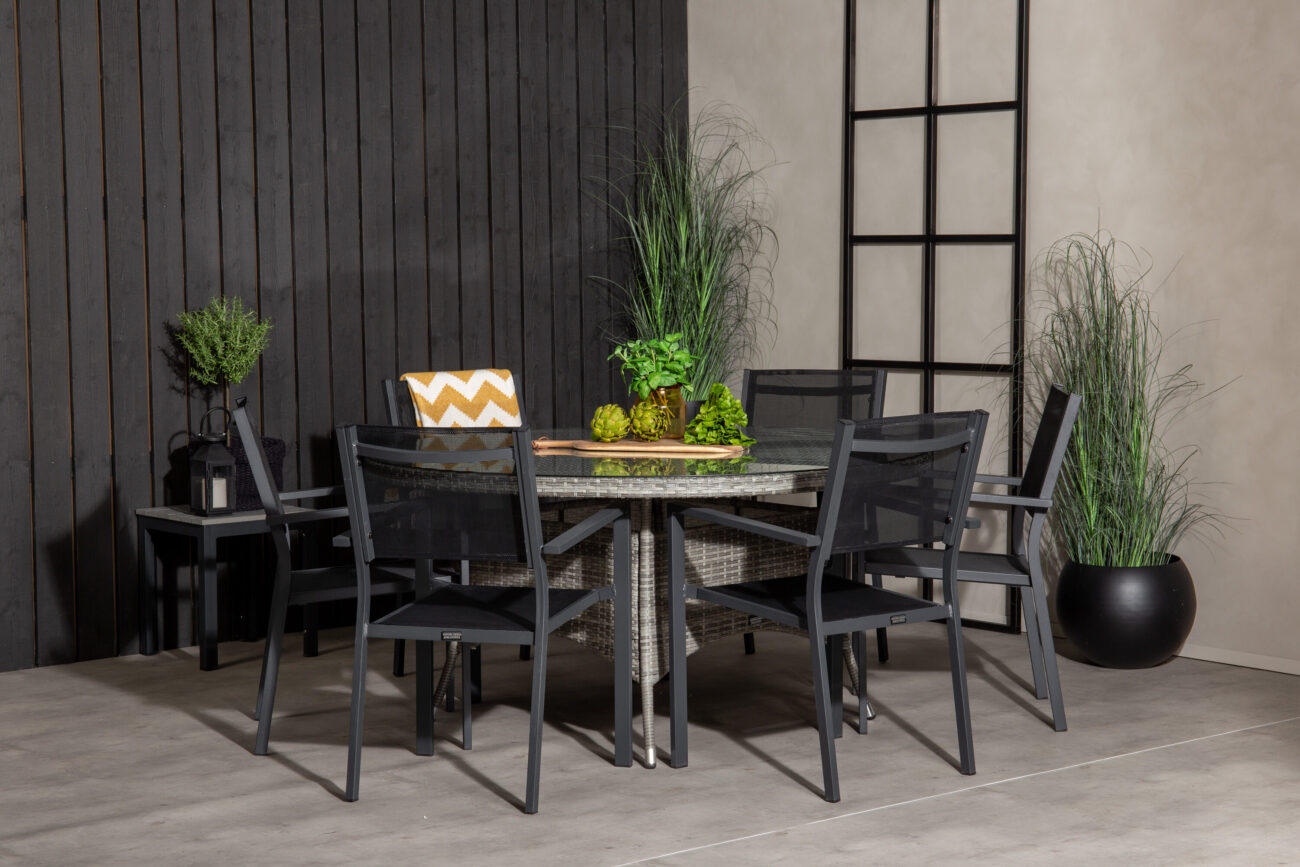 Volta, Copacabana – Ensemble repas – Gris – Table : ⌀150 Chaise : 60,5 x 88 x 56,5 cm