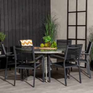 Volta, Copacabana – Ensemble repas – Gris – Table : ⌀150 Chaise : 60,5 x 88 x 56,5 cm