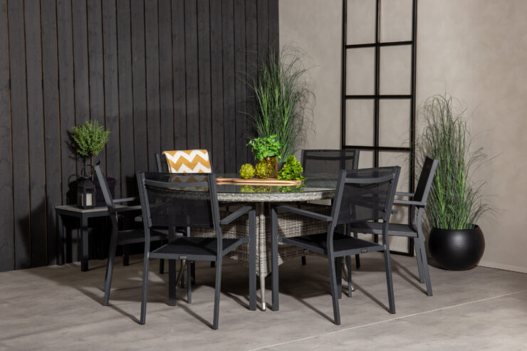 Volta, Copacabana – Ensemble repas – Gris – Table : ⌀150 Chaise : 60,5 x 88 x 56,5 cm
