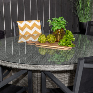 Volta, Copacabana – Ensemble repas – Gris – Table : ⌀150 Chaise : 60,5 x 88 x 56,5 cm