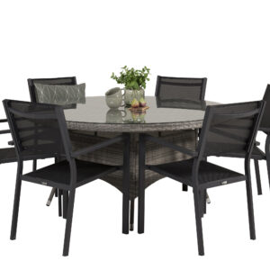 Volta, Copacabana – Ensemble repas – Gris – Table : ⌀150 Chaise : 60,5 x 88 x 56,5 cm
