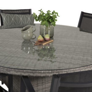 Volta, Copacabana – Ensemble repas – Gris – Table : ⌀150 Chaise : 60,5 x 88 x 56,5 cm