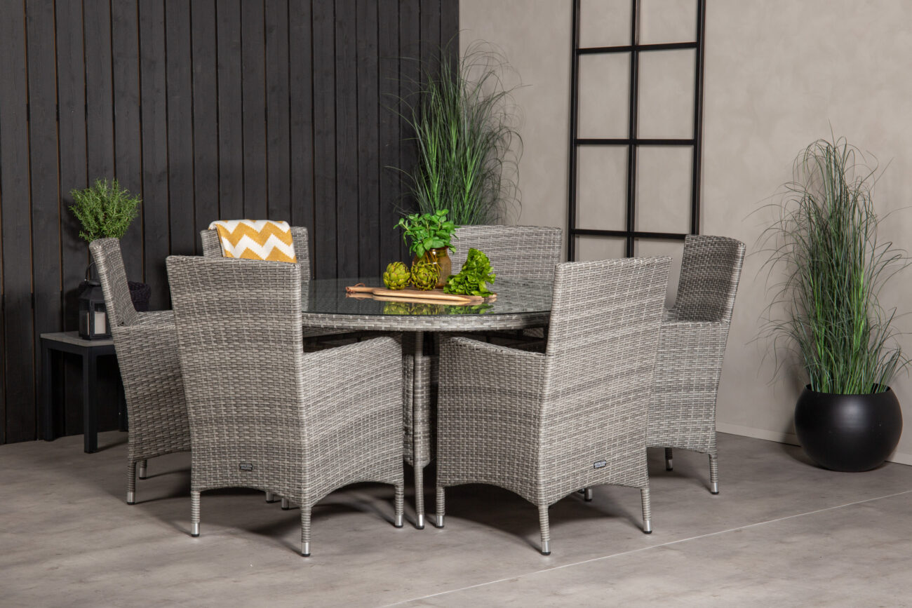 Volta, Malin – Ensemble repas – Gris – Table : ⌀150 Chaise : 65 x 92 x 58 cm