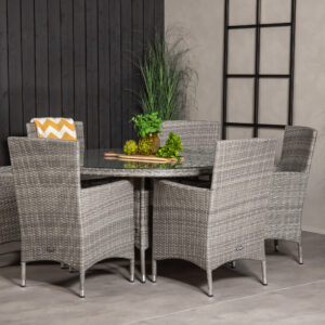 Volta, Malin – Ensemble repas – Gris – Table : ⌀150 Chaise : 65 x 92 x 58 cm