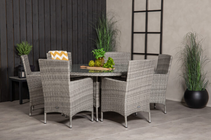 Volta, Malin – Ensemble repas – Gris – Table : ⌀150 Chaise : 65 x 92 x 58 cm