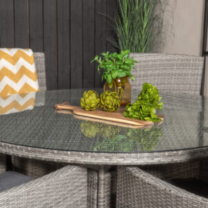 Volta, Malin – Ensemble repas – Gris – Table : ⌀150 Chaise : 65 x 92 x 58 cm