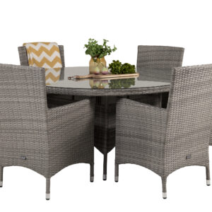 Volta, Malin – Ensemble repas – Gris – Table : ⌀150 Chaise : 65 x 92 x 58 cm