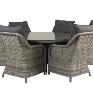 Volta, Vikelund – Ensemble repas – Gris – Table : ⌀150 Chaise : 75 x 92 x 65 cm