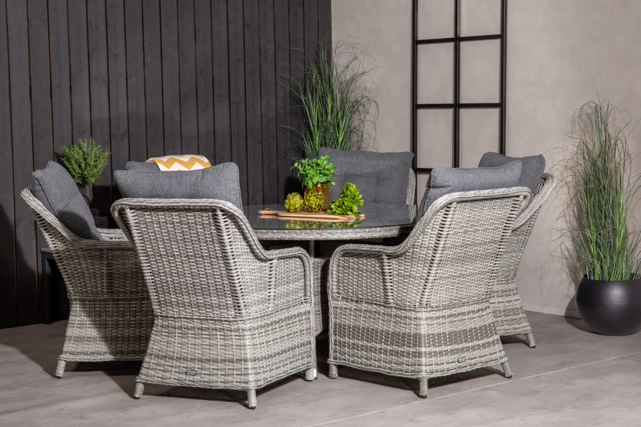 Volta, Vikelund – Ensemble repas – Gris – Table : ⌀150 Chaise : 75 x 92 x 65 cm