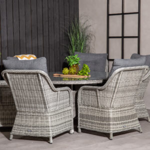 Volta, Vikelund – Ensemble repas – Gris – Table : ⌀150 Chaise : 75 x 92 x 65 cm