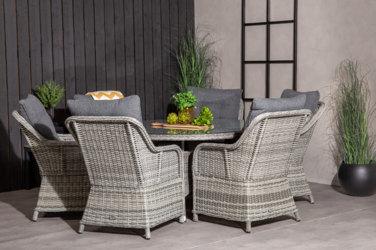 Volta, Vikelund – Ensemble repas – Gris – Table : ⌀150 Chaise : 75 x 92 x 65 cm
