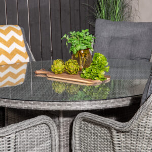 Volta, Vikelund – Ensemble repas – Gris – Table : ⌀150 Chaise : 75 x 92 x 65 cm