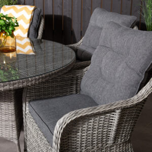 Volta, Vikelund – Ensemble repas – Gris – Table : ⌀150 Chaise : 75 x 92 x 65 cm