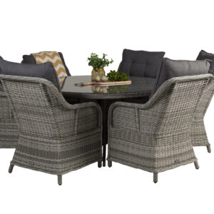 Volta, Vikelund – Ensemble repas – Gris – Table : ⌀150 Chaise : 75 x 92 x 65 cm