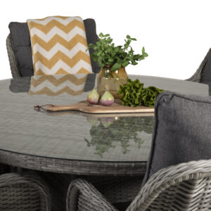 Volta, Vikelund – Ensemble repas – Gris – Table : ⌀150 Chaise : 75 x 92 x 65 cm