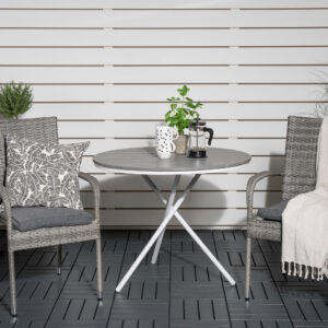 Parma, Anna – Ensemble repas – Gris – Table : ⌀90 Chaise : 62 x 96 x 55 cm