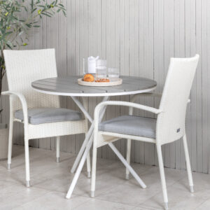 Parma, Anna – Ensemble repas – Gris – Table : ⌀90 Chaise : 62 x 96 x 55 cm