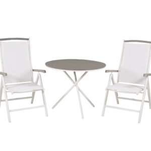 Parma, Albany – Ensemble repas – Blanc – Table : ⌀90 Chaise : 73 x 110 x 59 cm