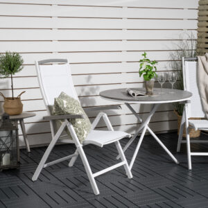 Parma, Albany – Ensemble repas – Blanc – Table : ⌀90 Chaise : 73 x 110 x 59 cm
