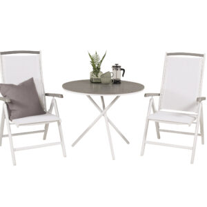 Parma, Albany – Ensemble repas – Blanc – Table : ⌀90 Chaise : 73 x 110 x 59 cm