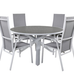 Parma, Copacabana – Ensemble repas – Gris – Table : ⌀140 Chaise : 65 x 110 x 56,5 cm