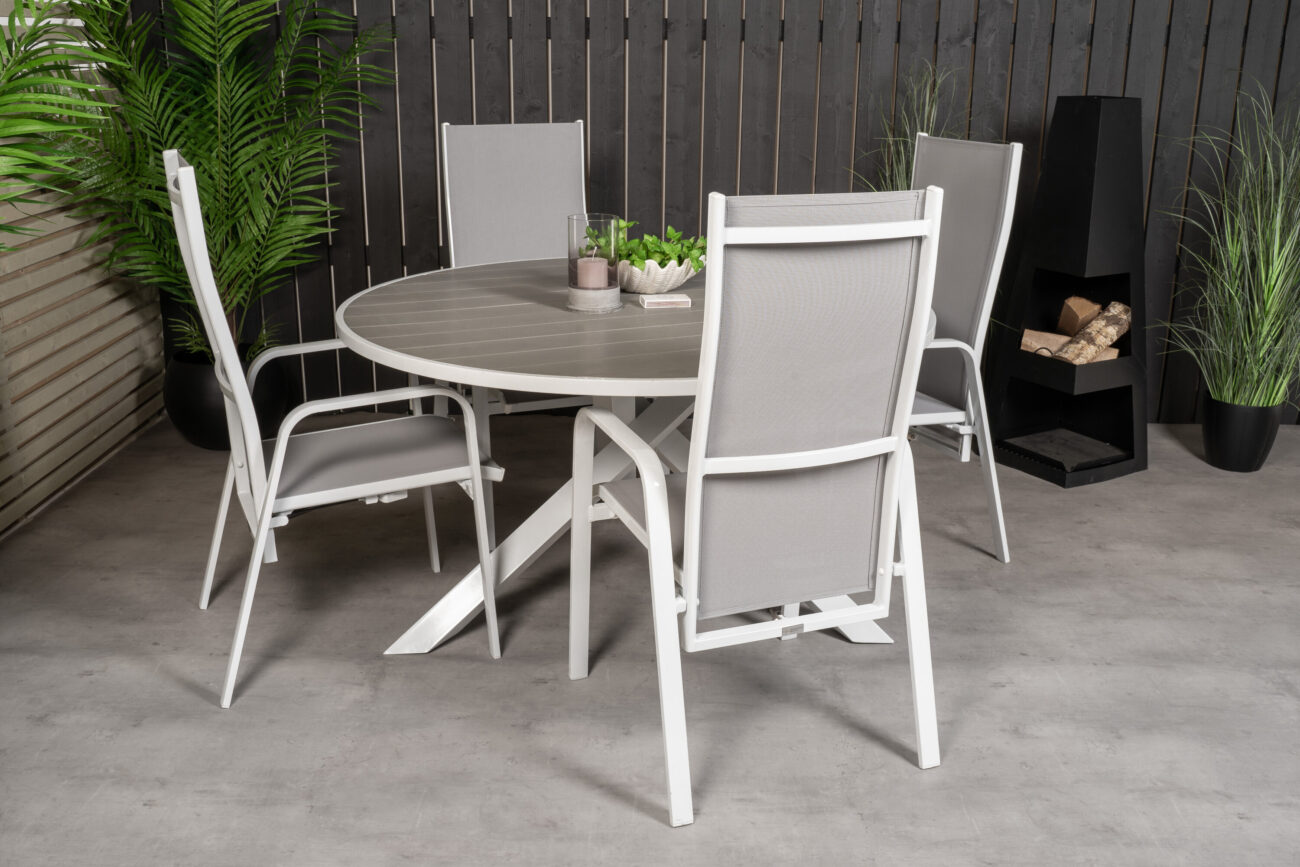 Parma, Copacabana – Ensemble repas – Gris – Table : ⌀140 Chaise : 65 x 110 x 56,5 cm