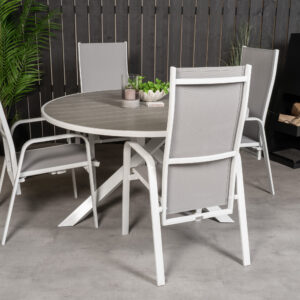 Parma, Copacabana – Ensemble repas – Gris – Table : ⌀140 Chaise : 65 x 110 x 56,5 cm