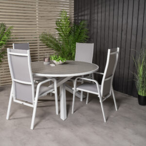 Parma, Copacabana – Ensemble repas – Gris – Table : ⌀140 Chaise : 65 x 110 x 56,5 cm