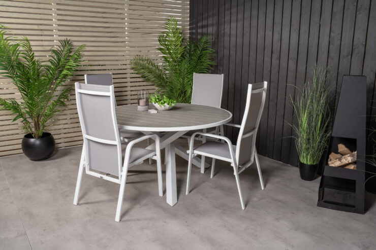Parma, Copacabana – Ensemble repas – Gris – Table : ⌀140 Chaise : 65 x 110 x 56,5 cm