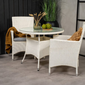 Volta, Malin – Ensemble repas – Blanc – Table : ⌀90 Chaise : 65 x 92 x 58 cm