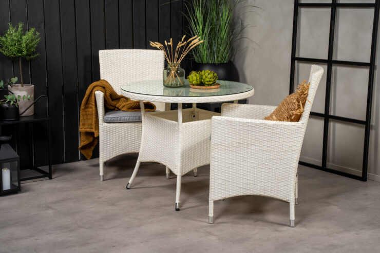 Volta, Malin – Ensemble repas – Blanc – Table : ⌀90 Chaise : 65 x 92 x 58 cm