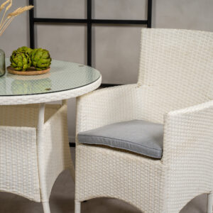 Volta, Malin – Ensemble repas – Blanc – Table : ⌀90 Chaise : 65 x 92 x 58 cm
