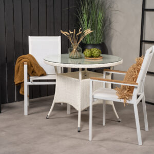 Volta, Texas – Ensemble repas – Blanc – Table : ⌀90 Chaise : 57 x 91 x 57 cm