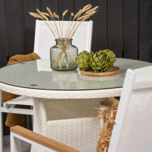 Volta, Texas – Ensemble repas – Blanc – Table : ⌀90 Chaise : 57 x 91 x 57 cm