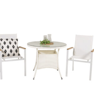 Volta, Texas – Ensemble repas – Blanc – Table : ⌀90 Chaise : 57 x 91 x 57 cm