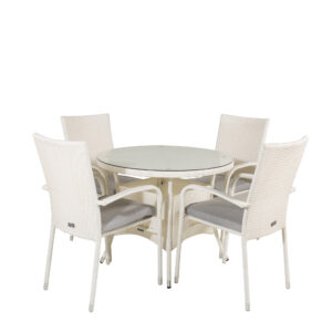 Volta, Anna – Ensemble repas – Blanc – Table : ⌀90 Chaise : 62 x 96 x 55 cm