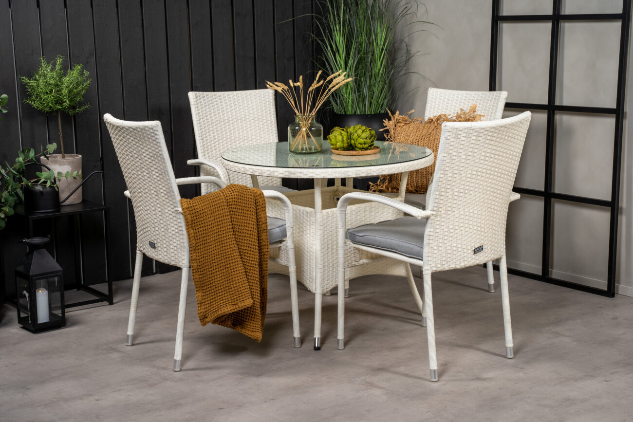 Volta, Anna – Ensemble repas – Blanc – Table : ⌀90 Chaise : 62 x 96 x 55 cm