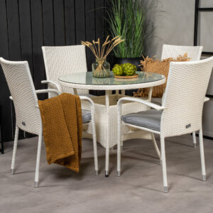 Volta, Anna – Ensemble repas – Blanc – Table : ⌀90 Chaise : 62 x 96 x 55 cm