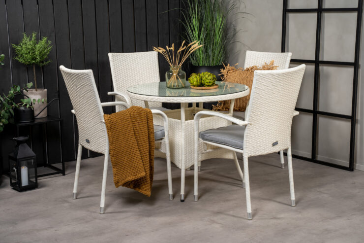 Volta, Anna – Ensemble repas – Blanc – Table : ⌀90 Chaise : 62 x 96 x 55 cm