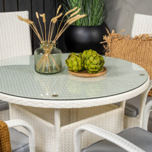 Volta, Anna – Ensemble repas – Blanc – Table : ⌀90 Chaise : 62 x 96 x 55 cm