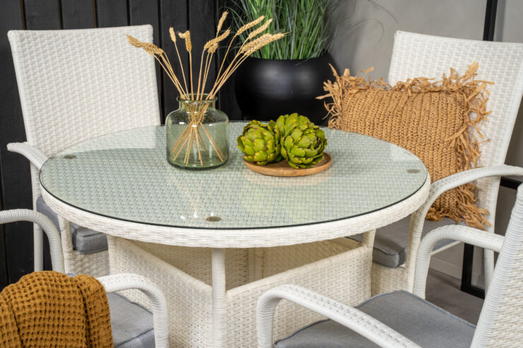 Volta, Anna – Ensemble repas – Blanc – Table : ⌀90 Chaise : 62 x 96 x 55 cm