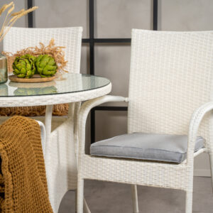 Volta, Anna – Ensemble repas – Blanc – Table : ⌀90 Chaise : 62 x 96 x 55 cm