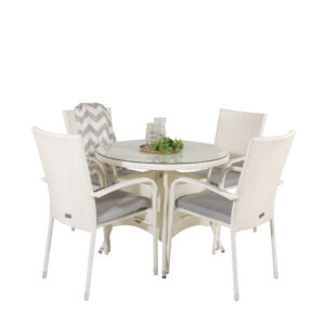 Volta, Anna – Ensemble repas – Blanc – Table : ⌀90 Chaise : 62 x 96 x 55 cm