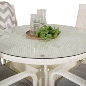 Volta, Anna – Ensemble repas – Blanc – Table : ⌀90 Chaise : 62 x 96 x 55 cm
